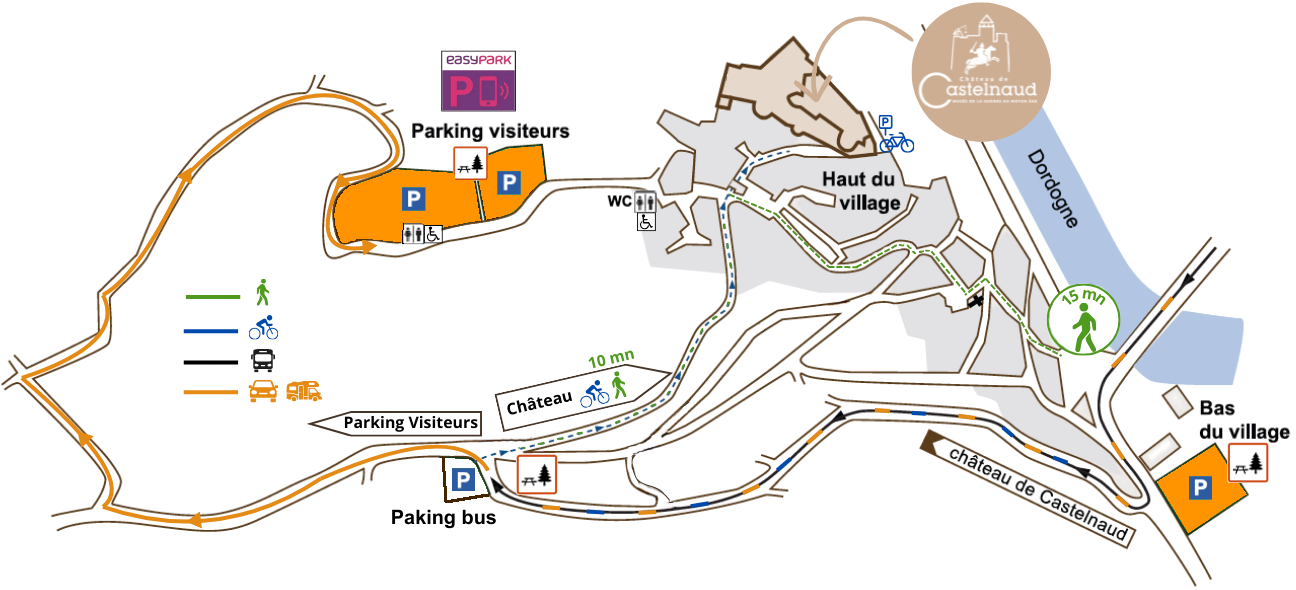 Plan accès village 2026 Accès au Château de Castelnaud parkings, vélo